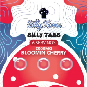 Silly Tabs Bloomin Cherry 2000mg package with 6 red cherry-flavored tabs and mushroom artwork