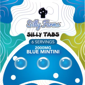 Silly Tabs Blue Mintini 2000mg package with 6 blue mint-flavored tabs and mushroom artwork