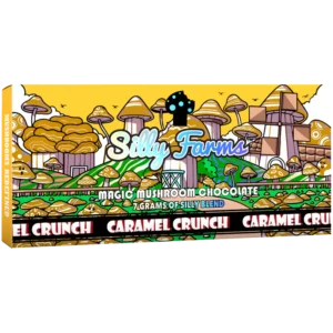 Silly Farms Caramel Crunch Magic Mushroom Chocolate bar with gold border and mushroom farm artwork