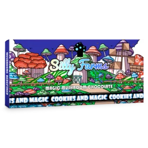 Silly Farms Cookies and Magic Magic Mushroom Chocolate bar with dark blue border and colorful mushroom farm artwork