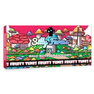 Silly Farms Fruity Tunes Magic Mushroom Chocolate bar with red border and colorful mushroom farm artwork