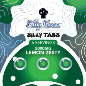 Silly Tabs Lemon Zesty 2000mg package with 6 green lemon-flavored tabs and mushroom artwork