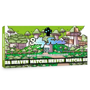 Matcha Heaven Magic Mushroom Chocolate Bar with green packaging and matcha green tea artwork
