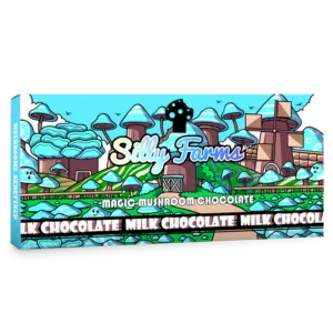 Silly Farms Milk Chocolate Magic Mushroom Chocolate bar with blue mushroom farm artwork and teal packaging