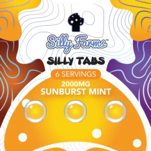 Silly Farms Silly Tabs Sunburst Mint 2000mg package with 6 golden mint tabs and mushroom artwork