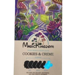 Magic Kingdom Cookies and Creme chocolate bar package with fantasy mushroom forest artwork and brand logo